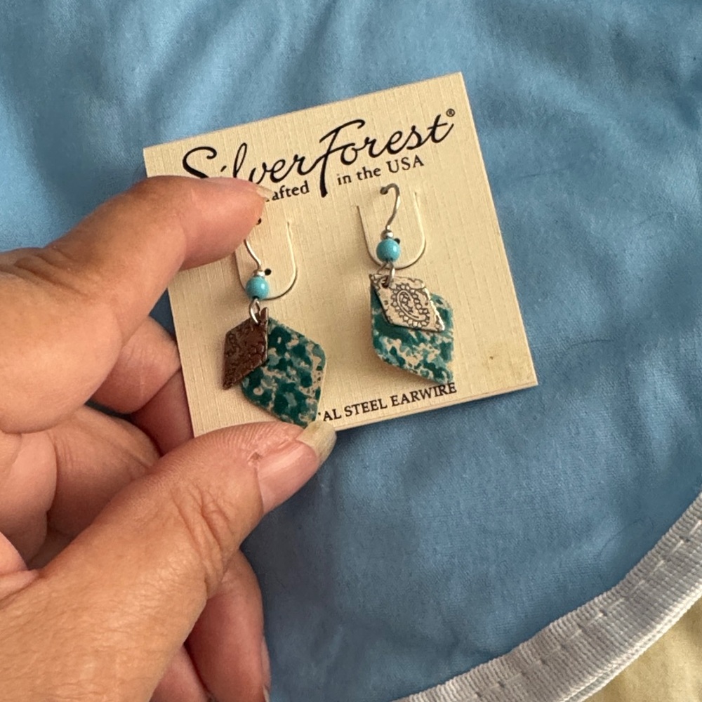 Silver Forest Blue and Silver Dangle Earrings - Picture 3 of 3